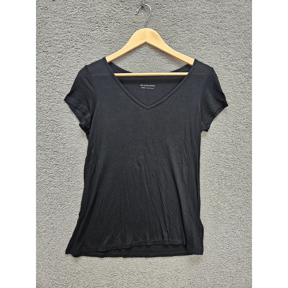 AllSaints V-Neck T-Shirt Medium Black Silk Modal Blend Short Sleeve Minimalist